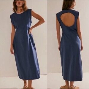 Free People Beach Simone Blue Cotton Sleeveless Open Back Maxi Dress‎ Size SMALL